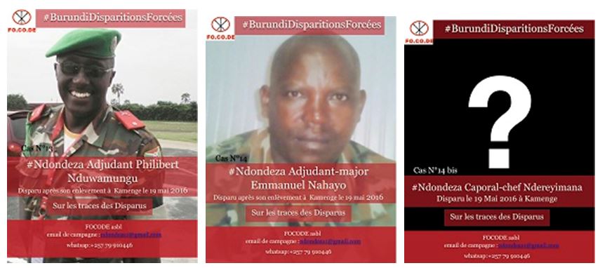 #NDONDEZA no 13-14: Les autorités du Burundi doivent faire la lumière sur la disparition forcée de l’adjudant Philibert NDUWAMUNGU, de l’adjudant-major Emmanuel NAHAYO et du caporal-chef NDEREYIMANA