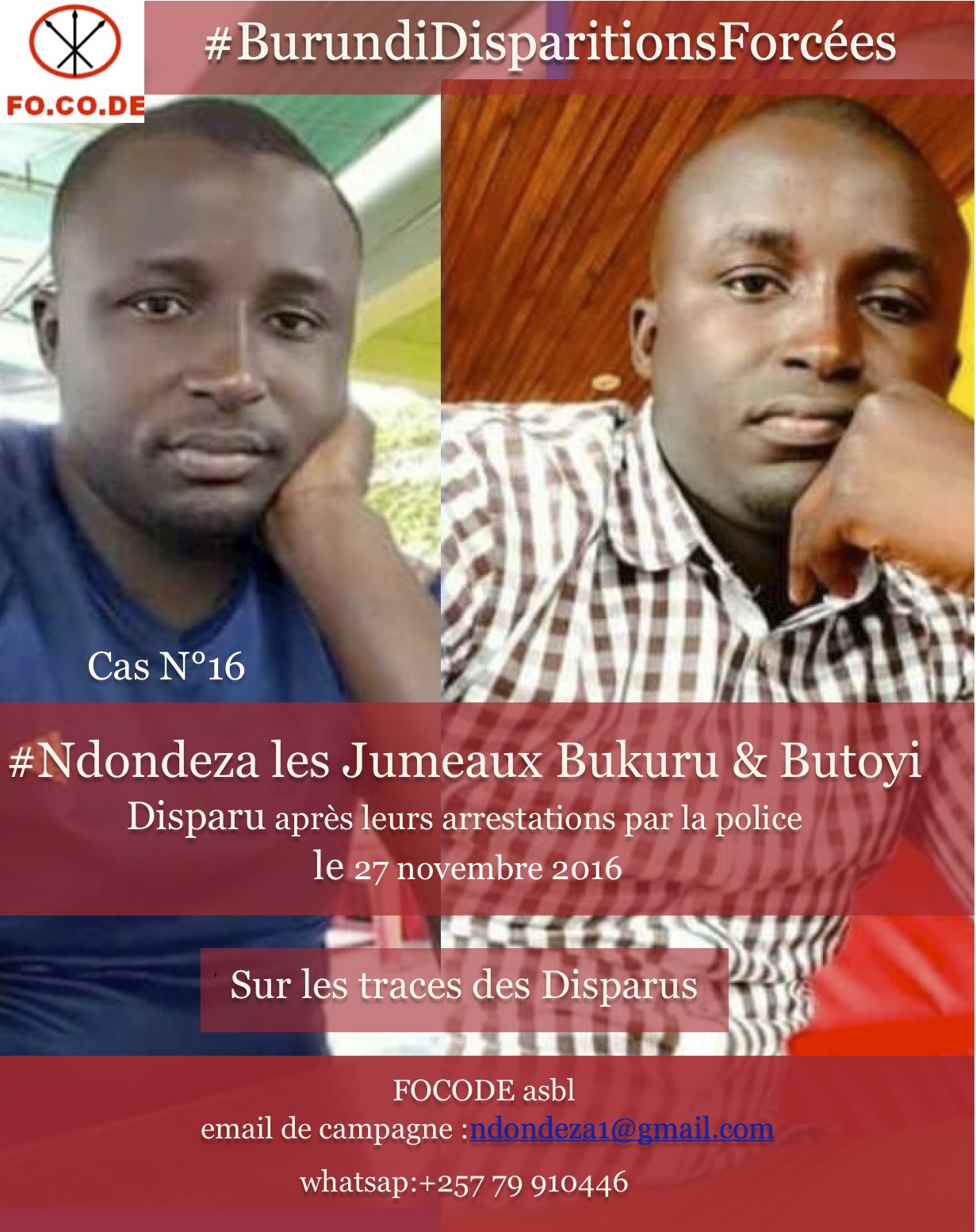 Les autorités burundaises doivent faire la lumière sur la disparition forcée des jumeaux BUKURU SHABANI et BUTOYI SHABANI  introuvables depuis le 27 Novembre 2016